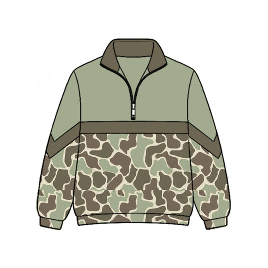 Preorder moq 5 Baby Girls Long Sleeve Green Olive Camo Zip Pullovers Top