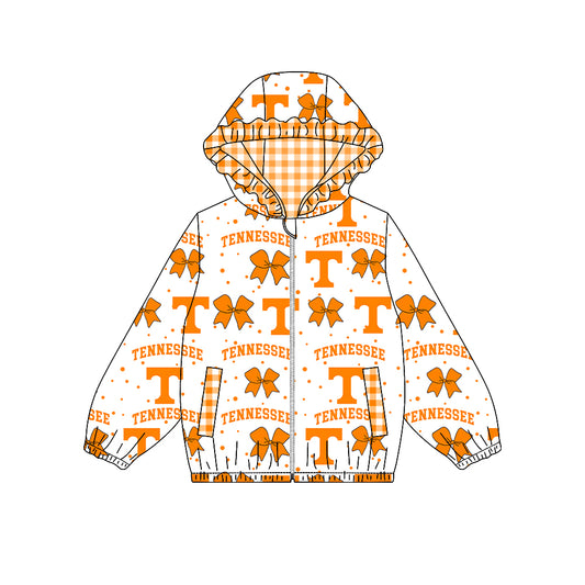 Preorder moq 5 Baby Girls Bows Tennessee Team Ruffle Hoodie Pockets Zip Jackets Top