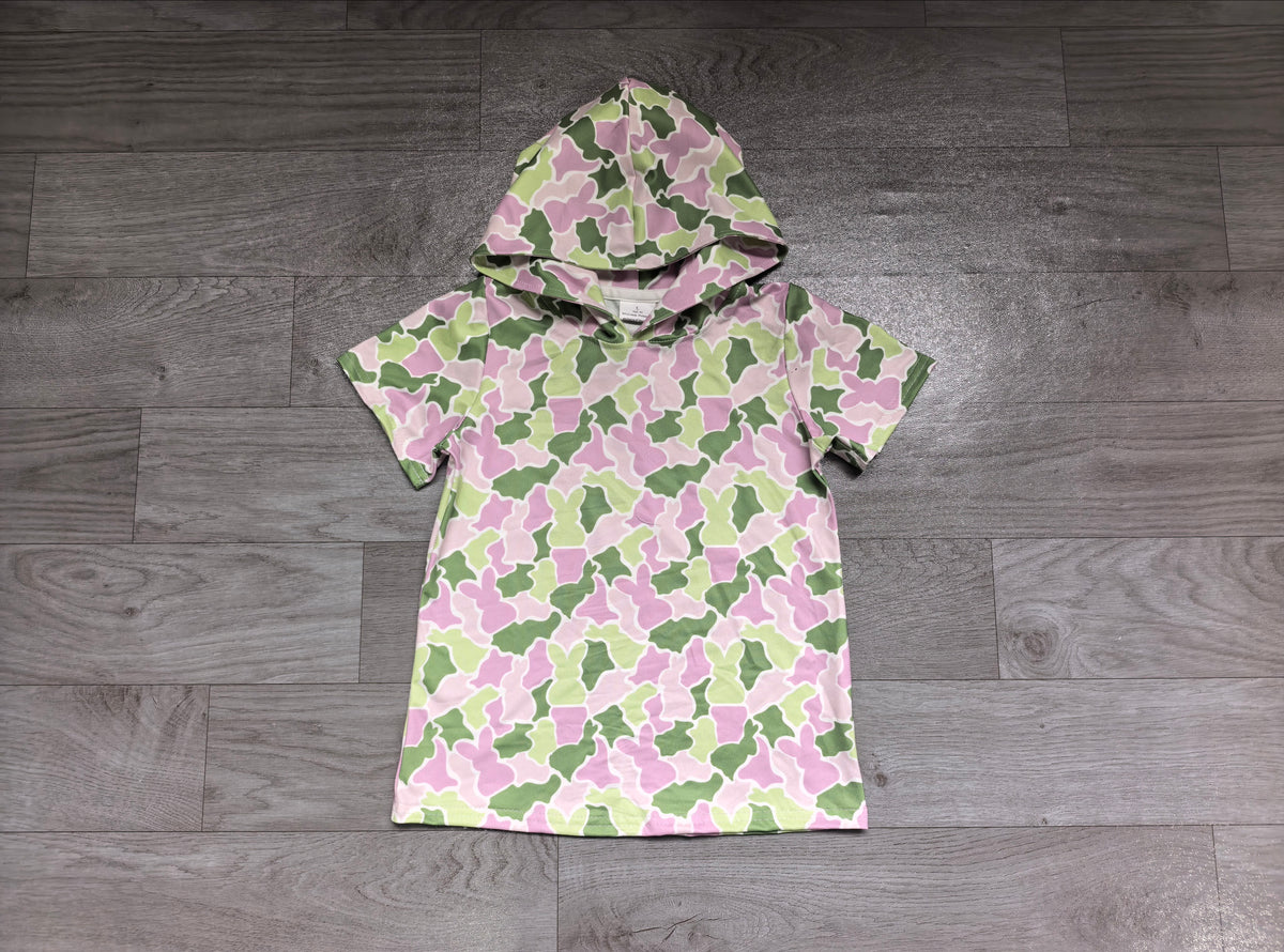 Baby Girls Green Pink Rabbits Camo Easter Short Sleeve Hoodies Top Preorder