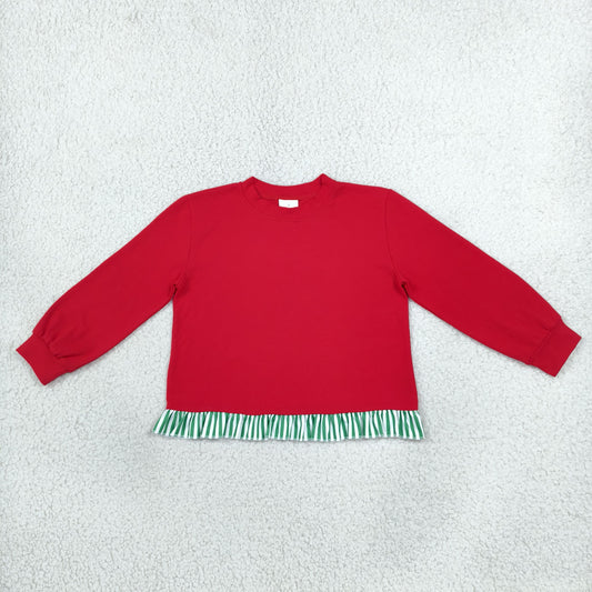 Baby Girls Red Green Stripe Long Sleeve Ruffle T-shirts Top