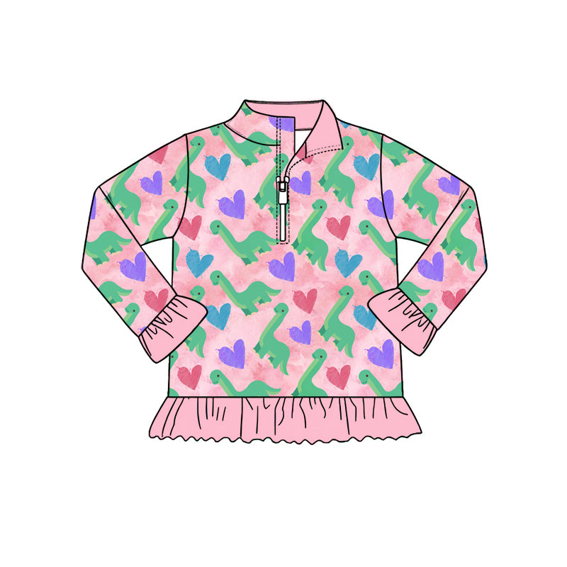 Baby Girls Colorful Hearts Dinosaurs Valentines Ruffle Zip Pullovers Top Preorder