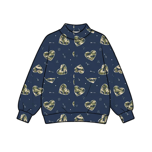 Preorder moq 5 Baby Girls Navy Long Sleeve Camo Hearts Valentines Choker T-shirts Top