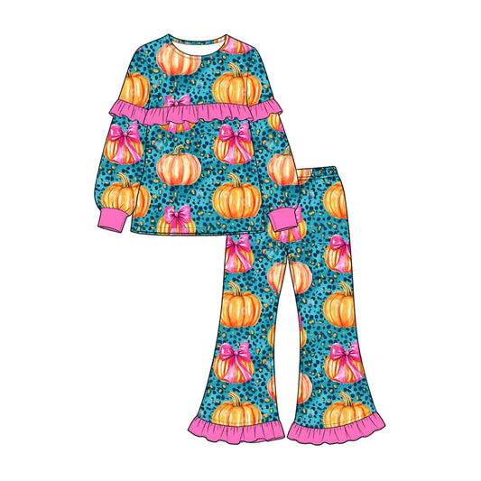 Preorder(moq 5) Baby Girls Leopard Pumpkins Ruffles Top Bell Pants Outfits Sets