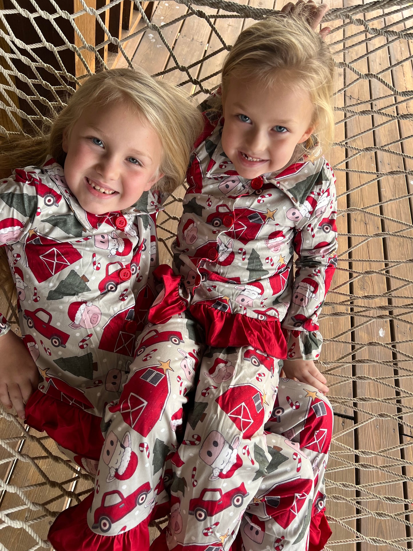 Baby Girls Christmas Farm Button Ups Pajamas Sets