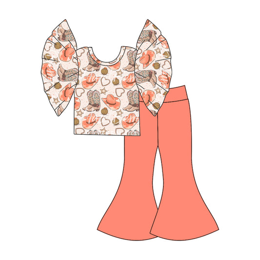 Baby Girls Flutter Sleeve Western Hats Tee Shirt Bell Pants Clothing Sets Preorder(moq 5)
