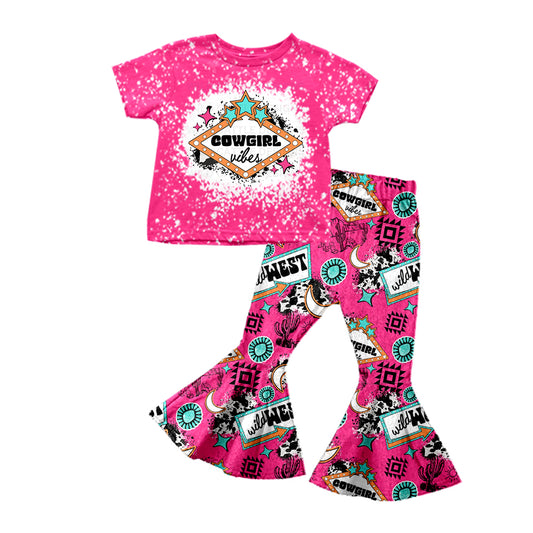 Baby Girls Cowgirl Short Sleeve Tee Shirt Bell Pants Clothing Sets Preorder(moq 5)