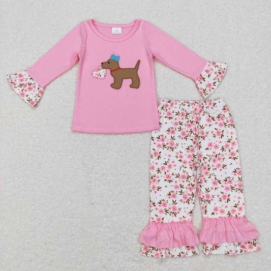 Baby Girls Valentines Pink Flowers Dog Hearts Top Ruffle Pants Boutique Clothes Sets