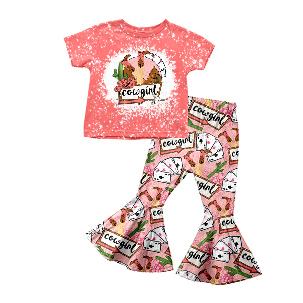 Baby Girls Western Cowgirl Short Sleeve Tee Shirt Bell Pants Clothing Sets Preorder(moq 5)