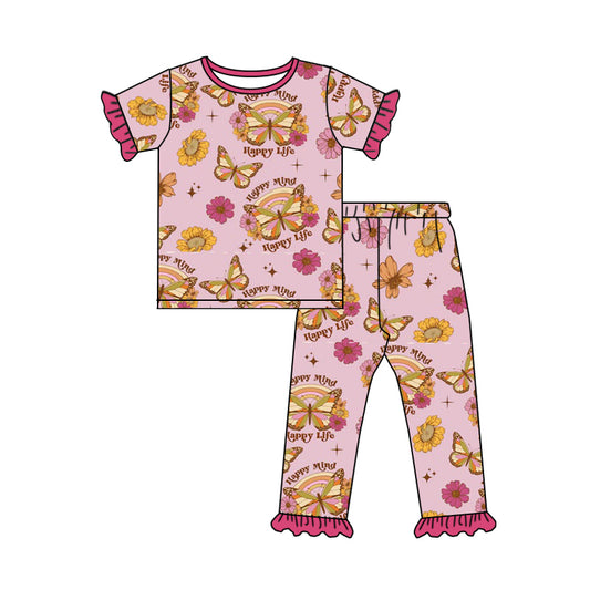 Baby Girls Short Sleeve Tee Shirt Happy Life Pants Pajamas Clothing Sets Preorder(moq 5)