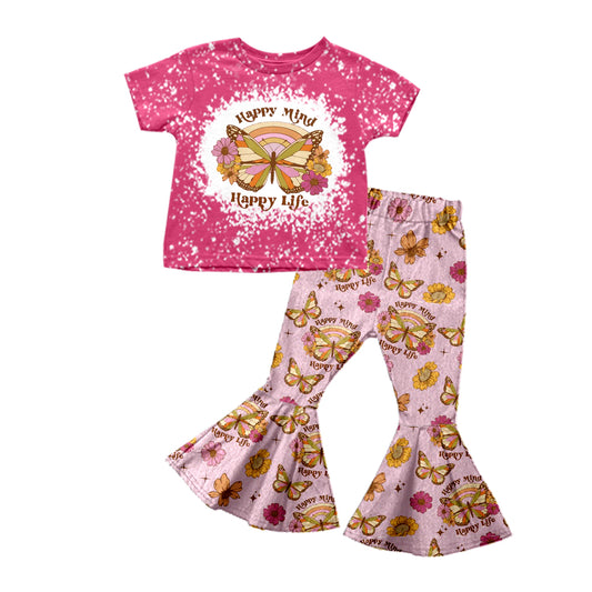 Baby Girls Butterfly Tee Shirt Happy Life Bell Pants Clothing Sets Preorder(moq 5)
