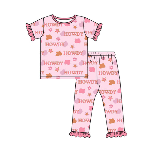 Baby Girls Short Sleeve Western Howdy Tee Shirt Pants Pajamas Clothing Sets Preorder(moq 5)