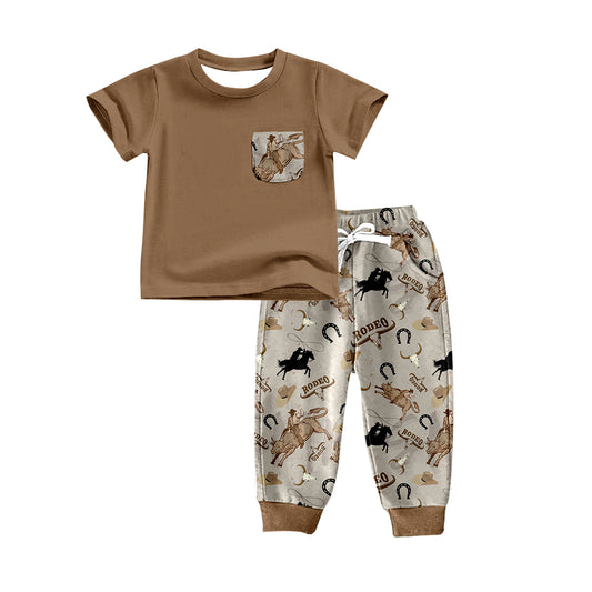 Baby Boys Western Rodeo Pocket Tee Shirt Pants Clothing Sets Preorder(moq 5)