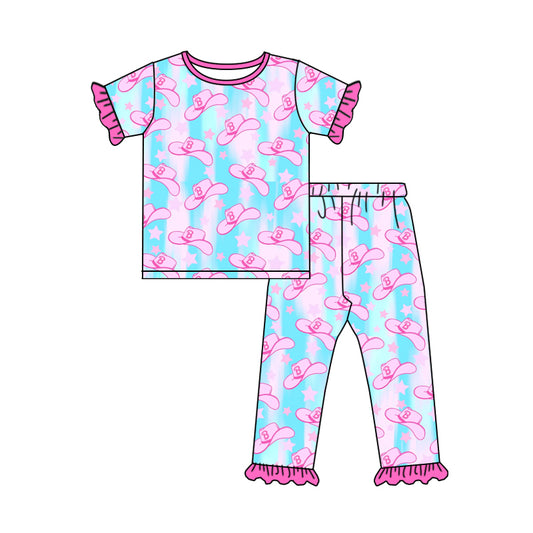 Baby Girls Western B Hats Tee Shirt Pants Pajamas Clothing Sets Preorder(moq 5)