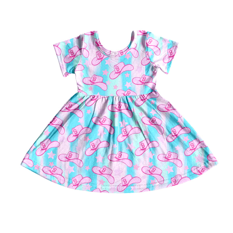 Baby Girls Western B Hats Pink Short Sleeve Dresses Preorder(moq 5)