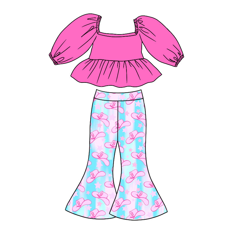 Baby Girls Western B Hats Pink Top Bell Pants Clothing Sets Preorder(moq 5)