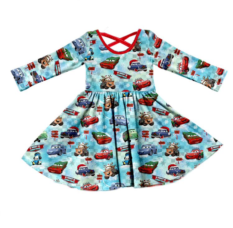 Baby Girls Christmas Racing Car Long Sleeve Dresses Preorder(moq 5)