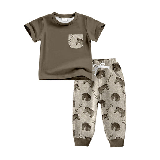 Baby Boys Western Horse Pocket Tee Shirt Pants Clothing Sets Preorder(moq 5)