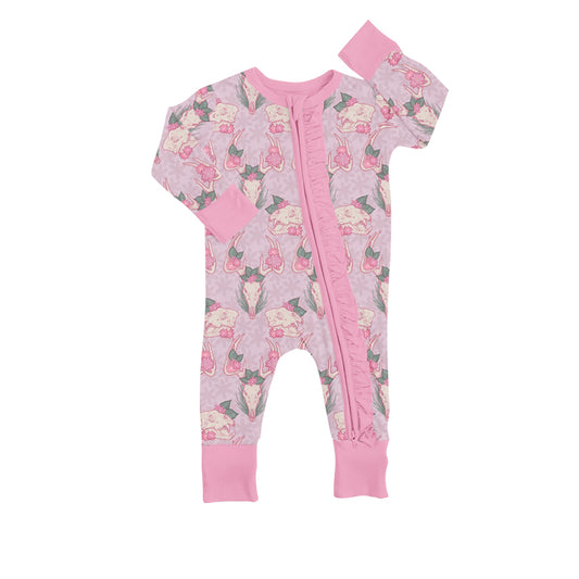 Baby Infant Girls Long Sleeve Western Pink Cows Zip Rompers preorder(moq 5)