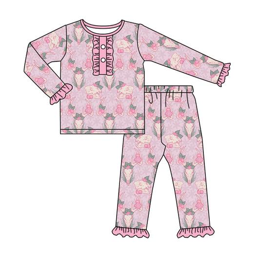 Baby Girls Western Pink Cows Tee Shirt Pants Pajamas Clothing Sets Preorder(moq 5)