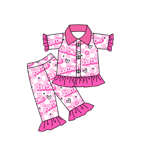 Baby Girls Pink Checkered Doll Tee Shirt Ruffle Pants Pajamas Clothing Sets Preorder(moq 5)