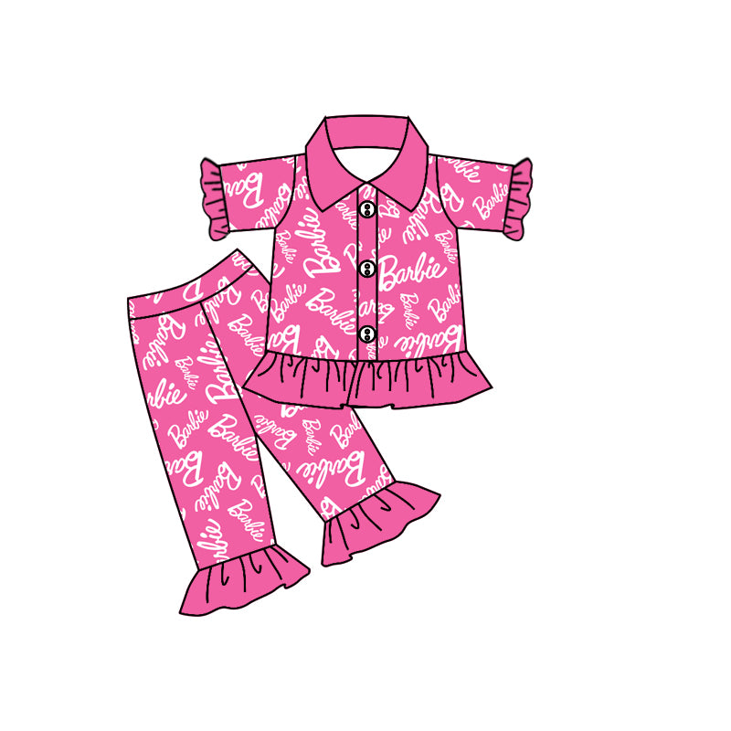 Baby Girls Pink Words Doll Tee Shirt Ruffle Pants Pajamas Clothing Sets Preorder(moq 5)