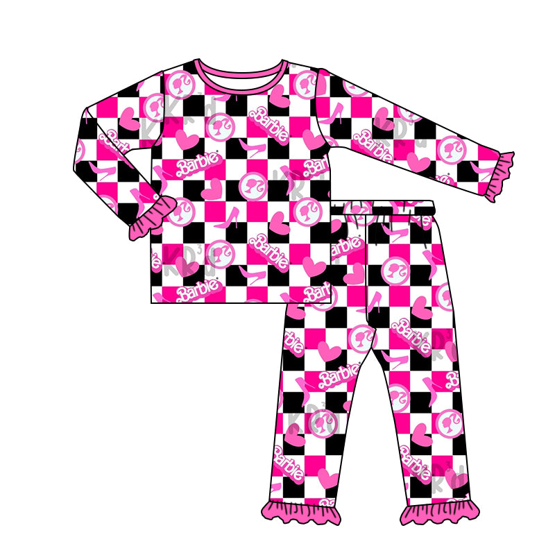 Baby Girls Black Pink Checkered Doll Tee Shirt Pants Pajamas Clothing Sets Preorder(moq 5)