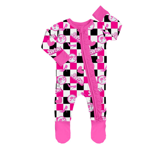 Baby Infant Girls Long Sleeve Black Pink Checkered Doll Zip Rompers preorder(moq 5)