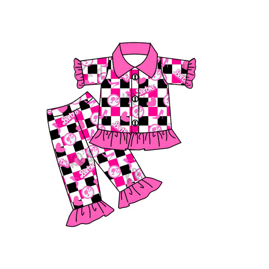 Baby Girls Pink Black Checkered Doll Tee Shirt Ruffle Pants Pajamas Clothing Sets Preorder(moq 5)