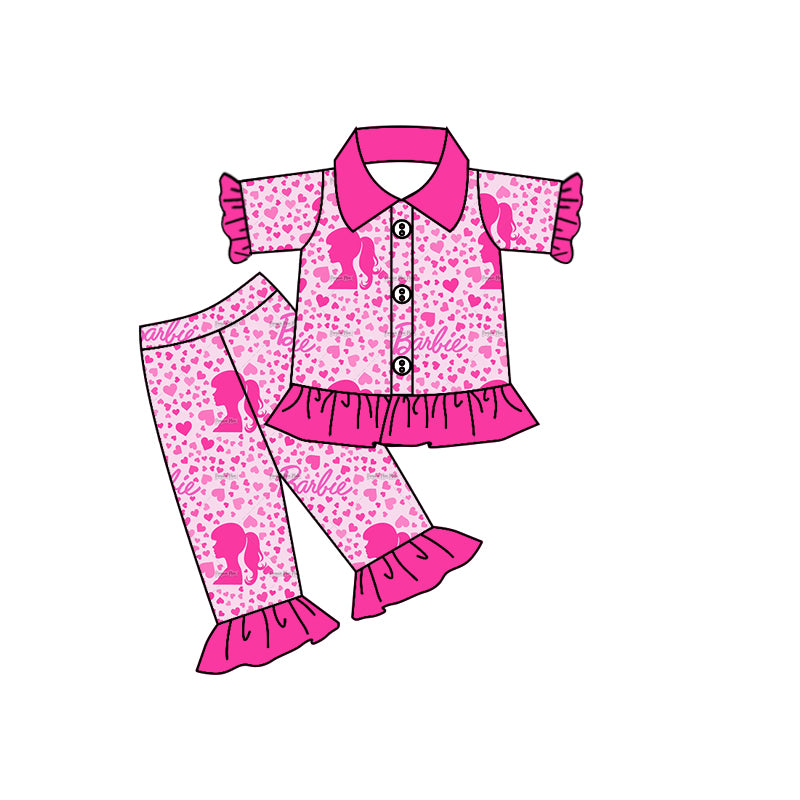 Baby Girls Pink Small Hearts Doll Tee Shirt Ruffle Pants Pajamas Clothing Sets Preorder(moq 5)