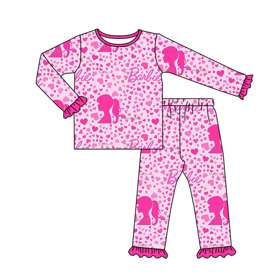 Baby Girls Small Pink Hearts Doll Tee Shirt Pants Pajamas Clothing Sets Preorder(moq 5)