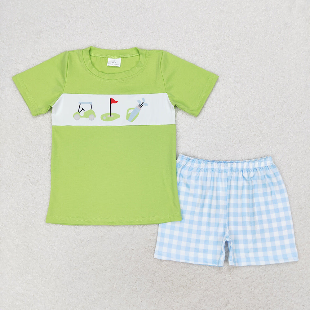 Baby Boys Golf Green Shirt Blue Checkered Shorts Outfits Clothes Sets