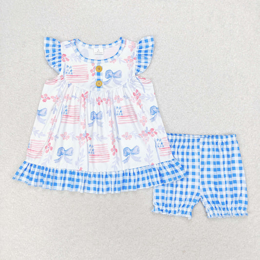 Baby Girls Blue Bows Flags Tunic Shorts Clothes Sets