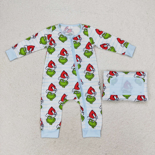 Baby Infant Boys Green Face Long Sleeve Bamboo Zip Rompers