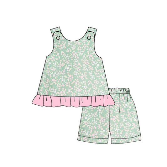 Baby Girls Green Small Flowers Tunic Shorts Clothes Sets split order preorder May 19th