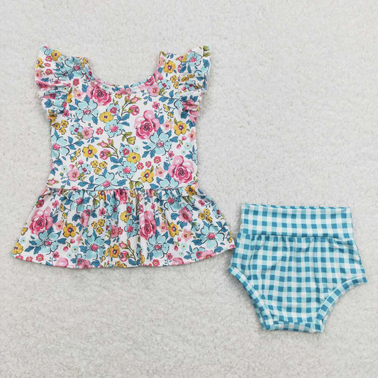 Baby Girls Blue Flowers Top Checkered Bummies Clothes Sets