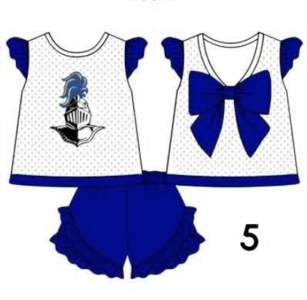 Preorder (moq 5)Baby Girls Knights Back Bow Tunic Shorts Team Clothes Sets