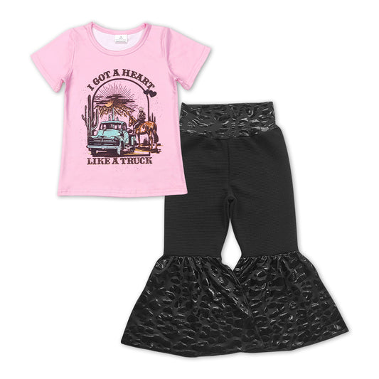 Baby Girls Valentines Truck Top Leopard Bell Bottom Pants Clothes Sets