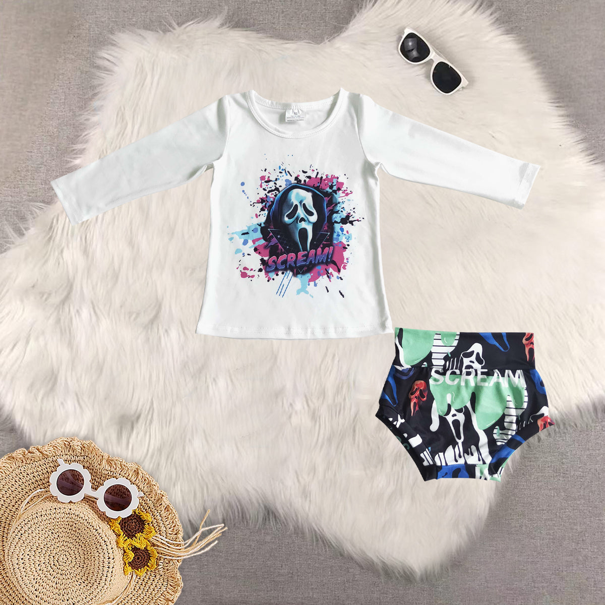 Sibling Baby Girls Halloween Long Sleeves Ghost Gifts Cactus Top Ruffle Bummie Sets