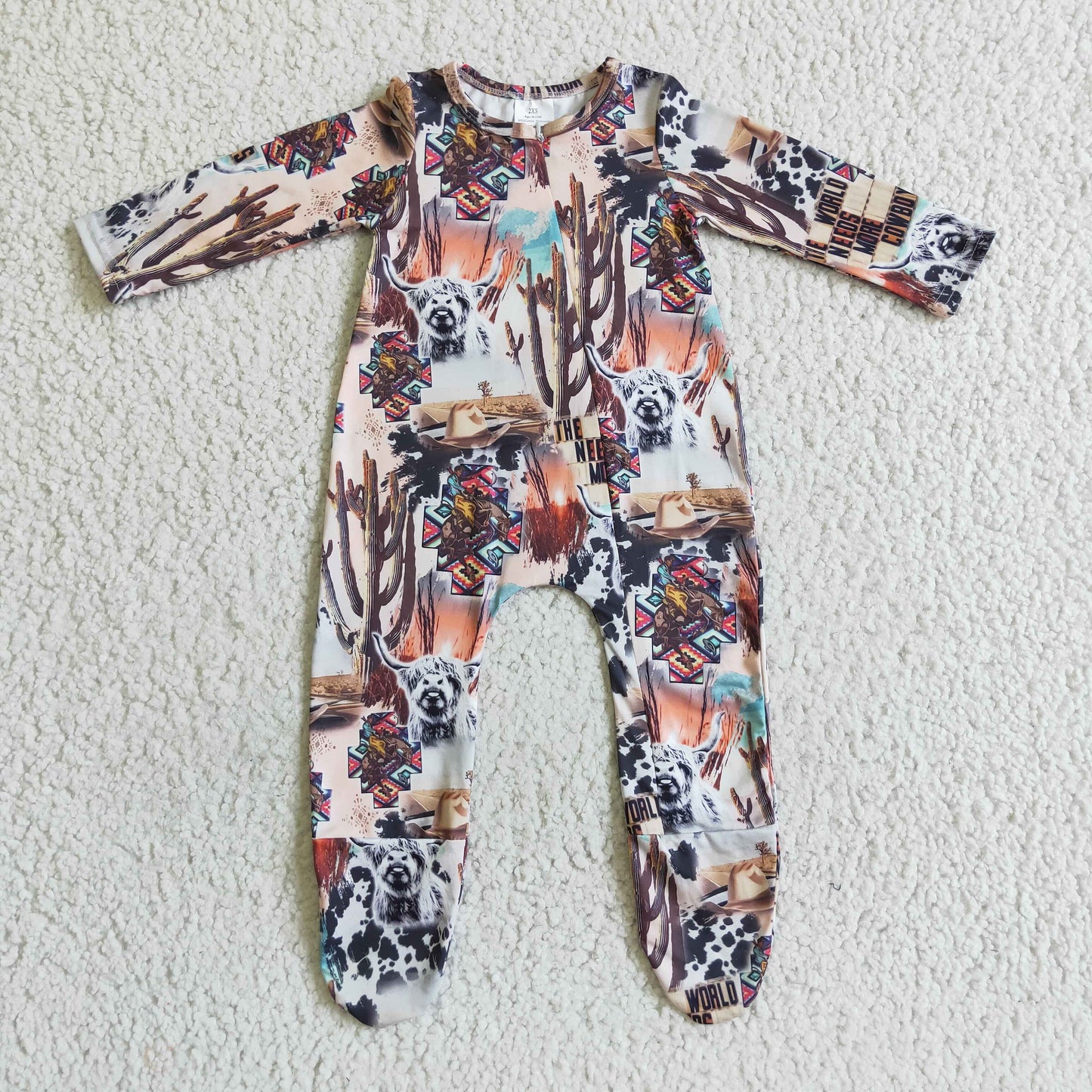 Sibling Promotion Baby Girls Boys Western Cow Footie Zip Rompers