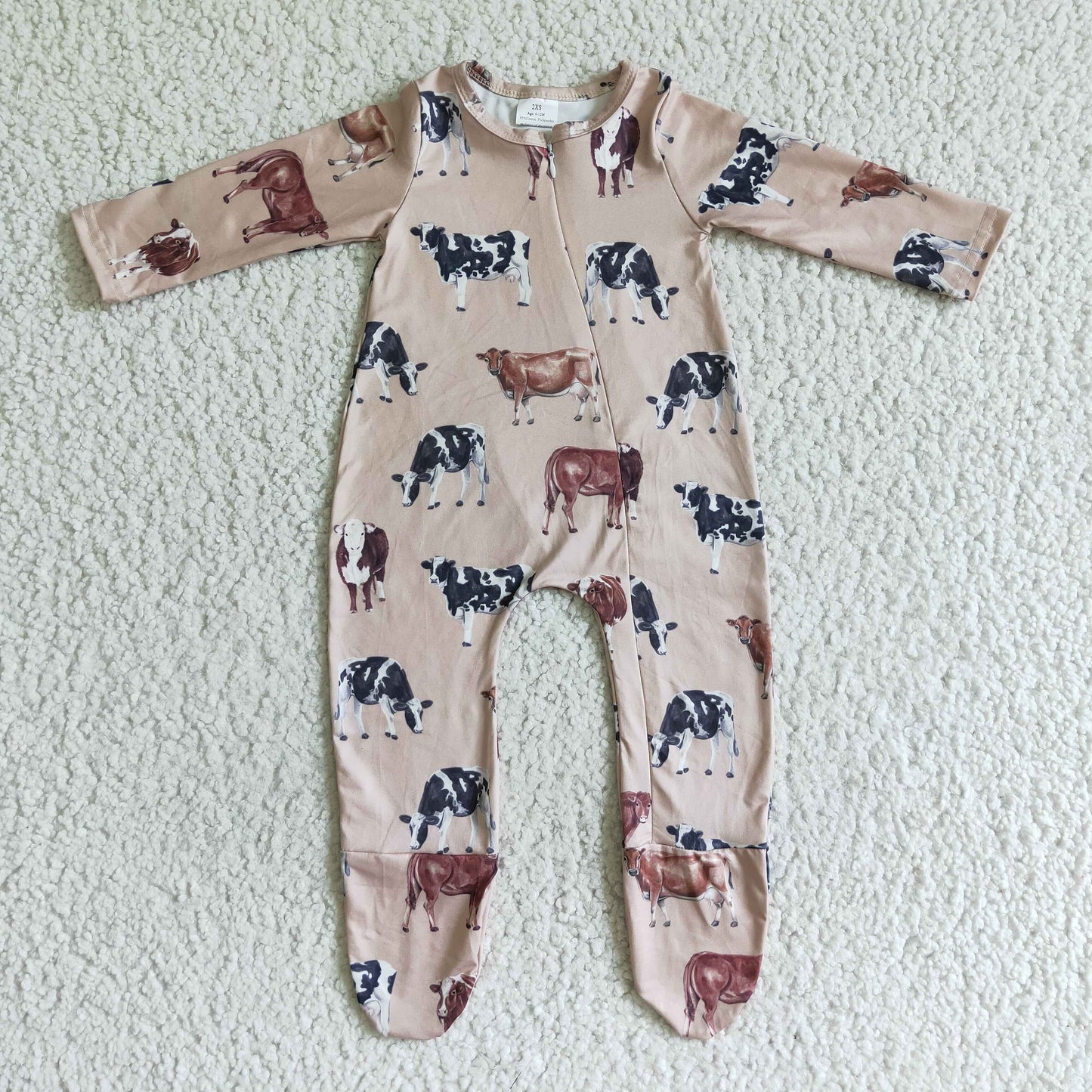 Sibling Promotion Baby Girls Boys Western Cow Footie Zip Rompers