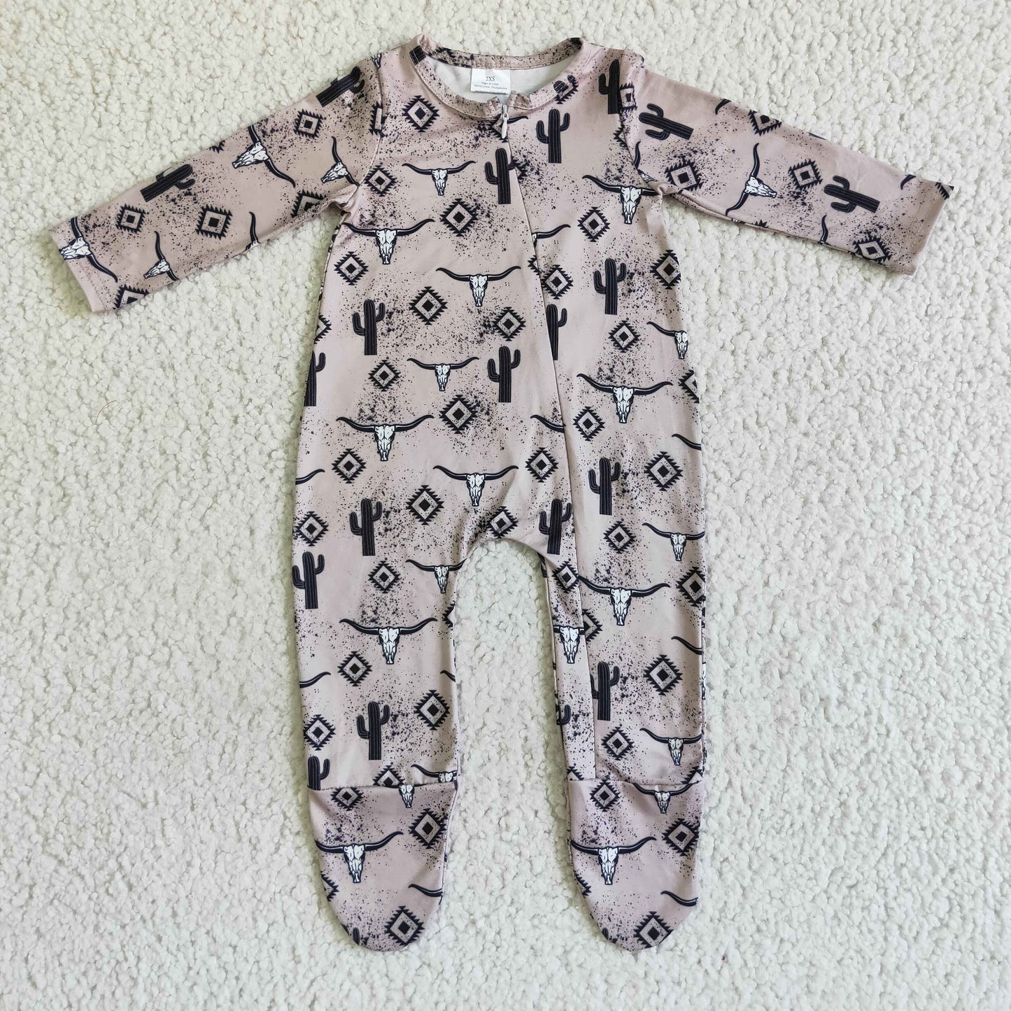 Sibling Promotion Baby Girls Boys Western Cow Footie Zip Rompers