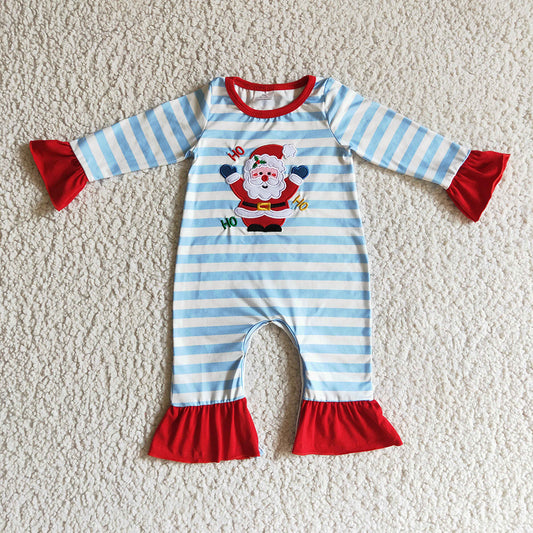 USA Shop Baby Girls Christmas Embroidery Santa Blue Stripe Ruffle Rompers