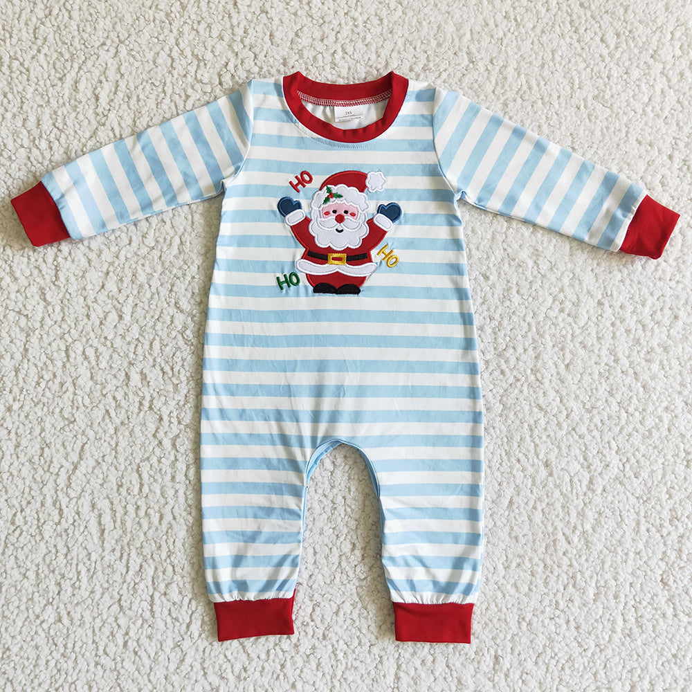 USA Shop Baby Boys Embroidery Christmas Santa Blue Stripes Rompers