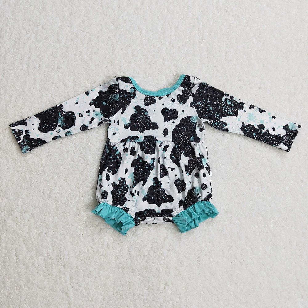 Sibling Baby Girls Cow Turquoises Ruffle Pants Western Clothes Sets Knee Length Dress Rompers
