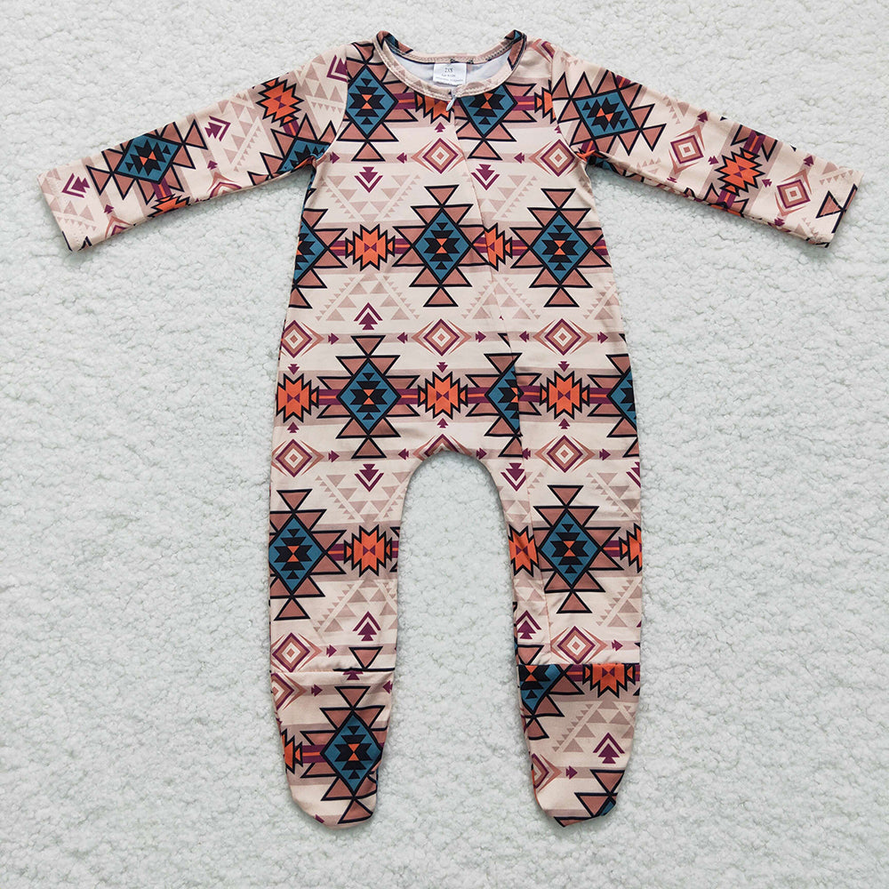 Sibling Baby Boys Western Aztec Button Shirt Top Two Way Zipper Footed Rompers