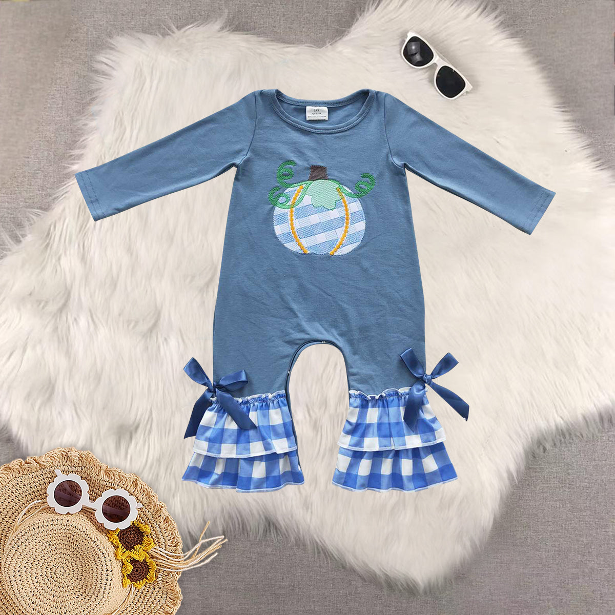 Sibling Baby Kids Blue Long Sleeves Pumpkin Fall Pants Clothes Sets Rompers