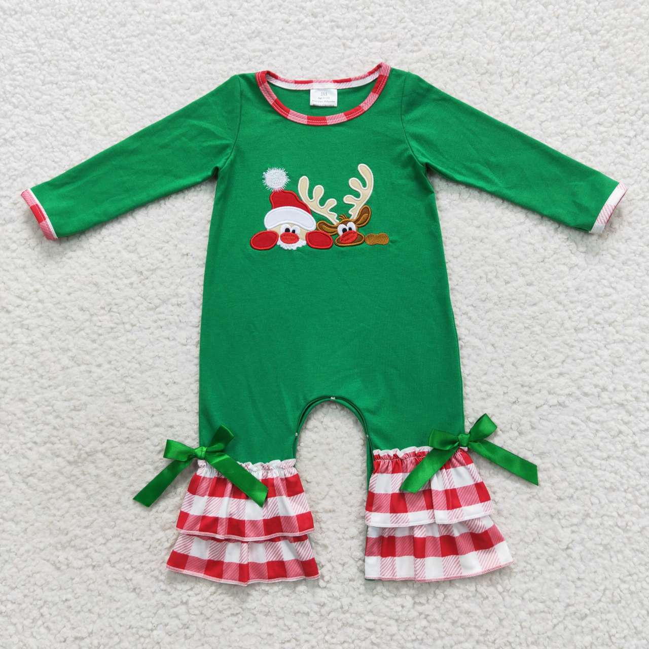 Sibling Baby Kids Embroidery Santa Deer Green Sleeves Christmas Clothes Sets Footie Rompers
