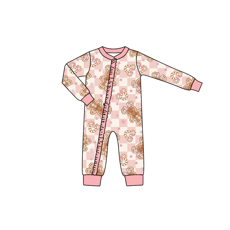 Baby Girls Pink Gingerbread Zip Long Sleeve Rompers preorder