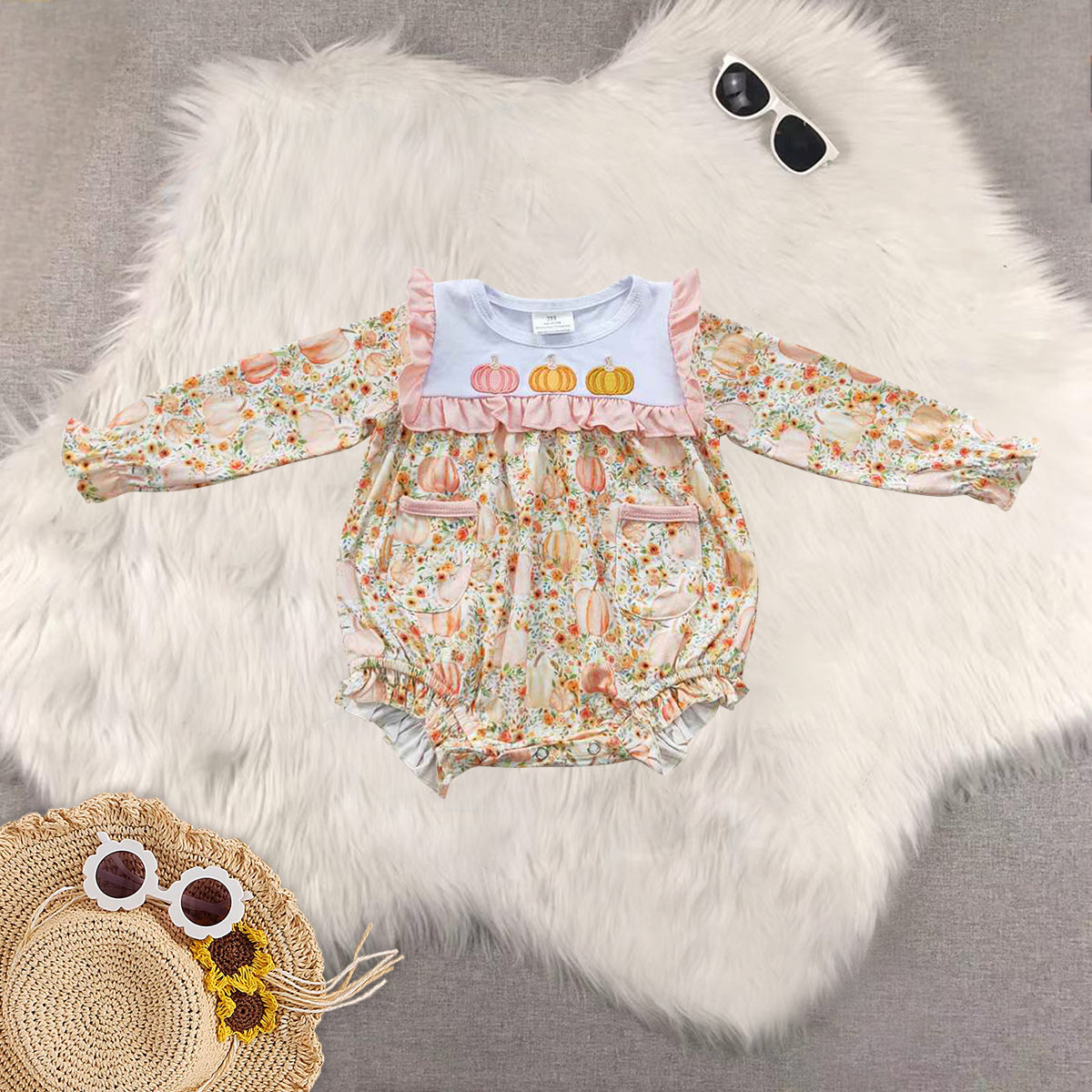 Sibling Baby Girls Embroidery Pumpkins Floral Long Ruffle Sleeves Pant Set Rompers Dresses