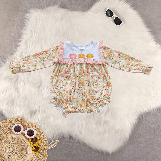Sibling Baby Girls Embroidery Pumpkins Floral Long Ruffle Sleeves Pant Set Rompers Dresses